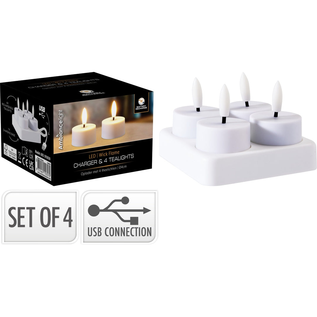 Oppladbare LED-telys med ladestasjon | 4 stk