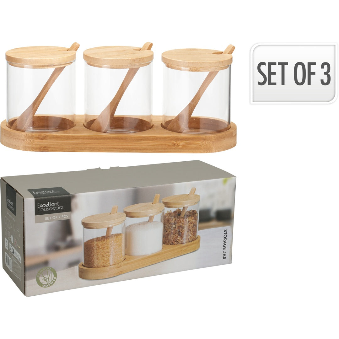 Oppbevaringsglass Sett i Glass med Bambuslokk & Skje | Excellent Houseware