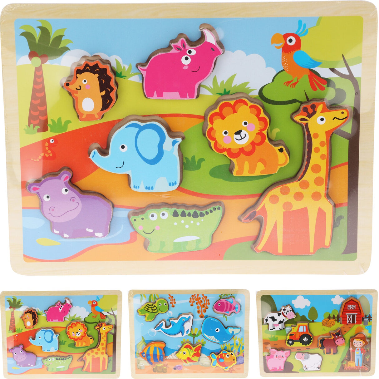 Puslespill i Tre | 7 Deler | 3 Design | Jungle, Gård, Hav