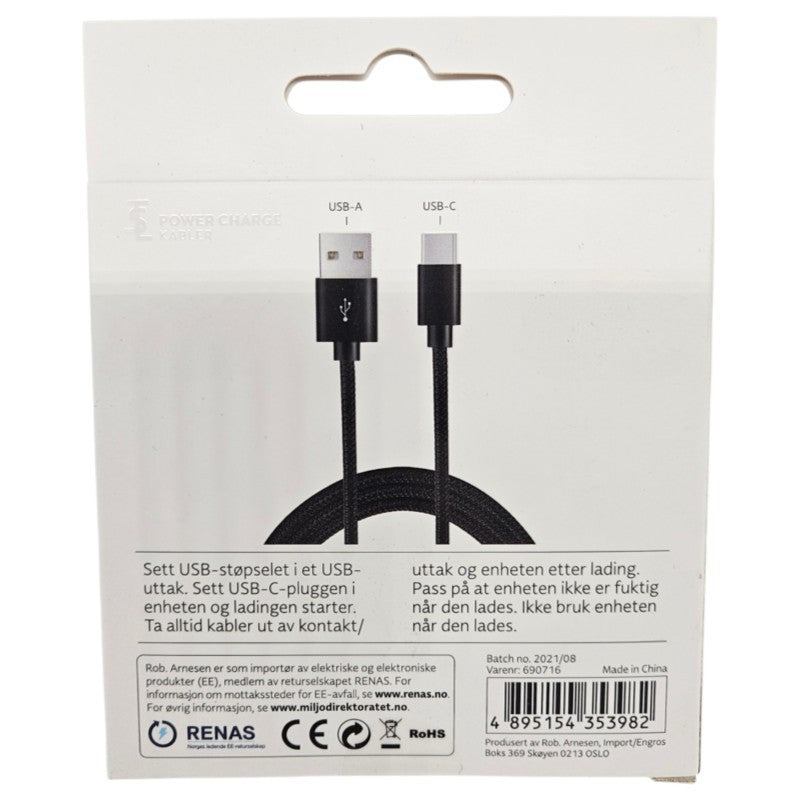 TSL Metallisk Ladekabel USB til USB-C 2 Meter Sort