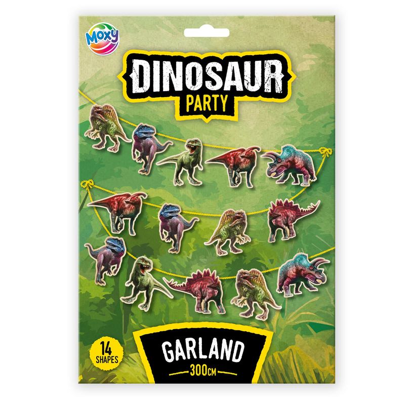 Dinosaur garland 3m | Colorful birthday decoration with 14 figures