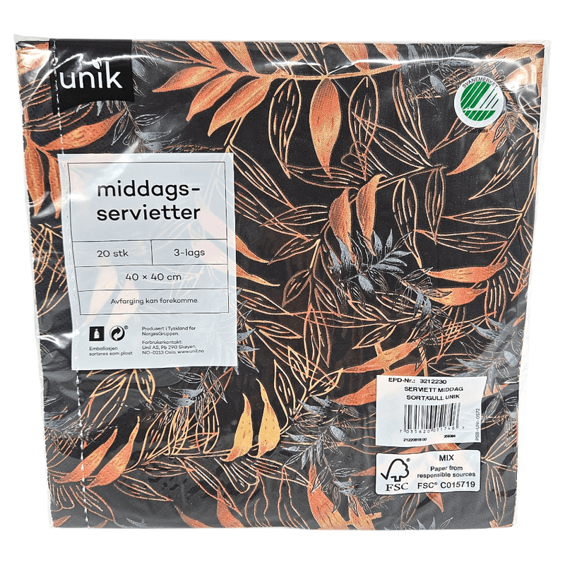 Napkins Black & Gold 20pk 3-ply | Dinner 40x40cm | Unique