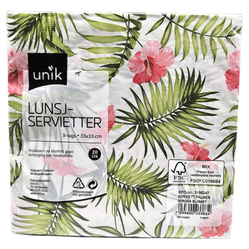 Napkins Palms w/pink flowers 20pk 3 - ply | 33x33cm | Unique