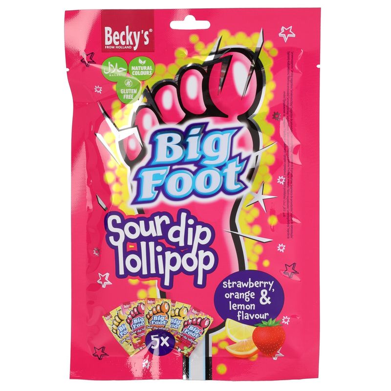 Becky's Big Foot Sour Dip Lollipop 5pk | Love with sour powder