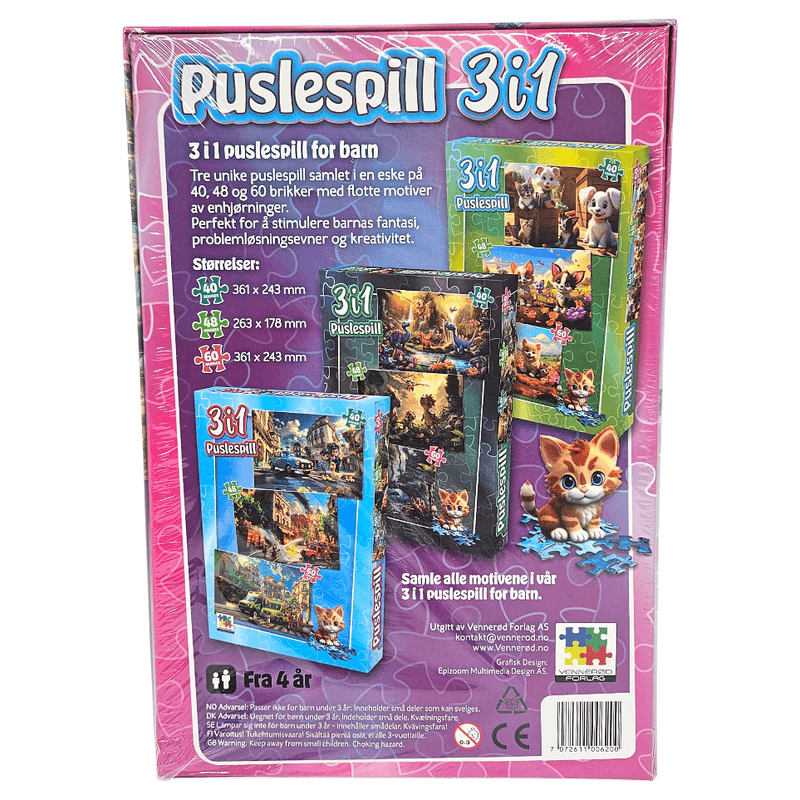 Puslespill 3i1 Enhjørning | Tre magiske puslespill i én eske