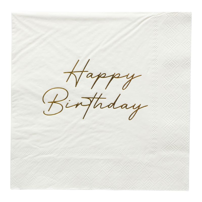 White Napkins with Gold Text Happy Birthday | 16pcs | 3-ply
