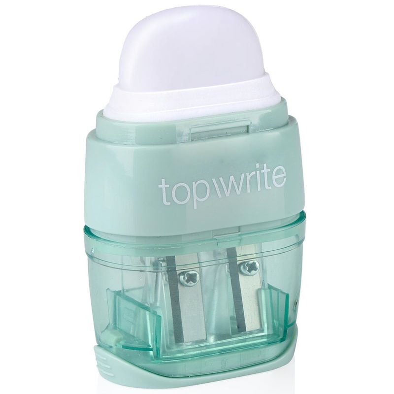 Double pencil sharpener with container and eraser