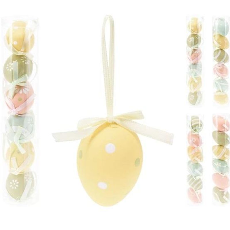 Decorative Easter eggs 6 pcs | Pastel colors with hanging | Printed motifs
