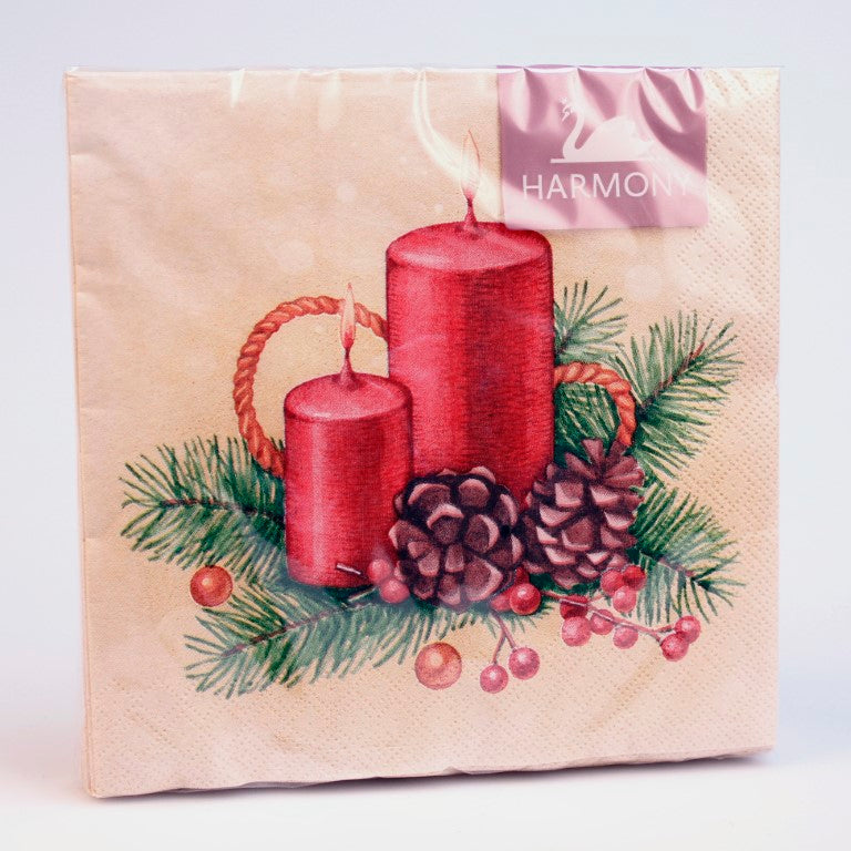 Juleservietter med Lys og Kongler 20pk | 33x33cm