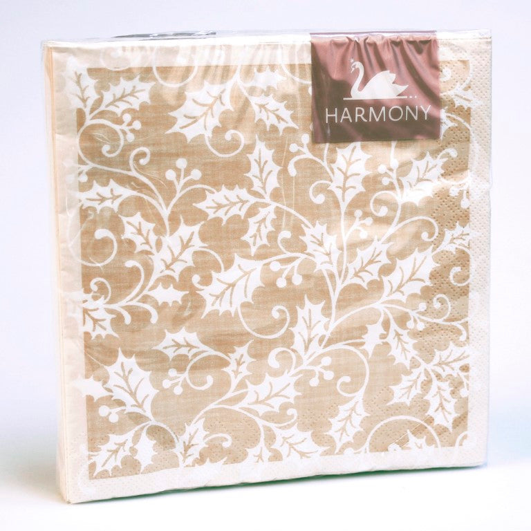 Juleservietter Beige med Kristtorn 20pk | 33x33cm