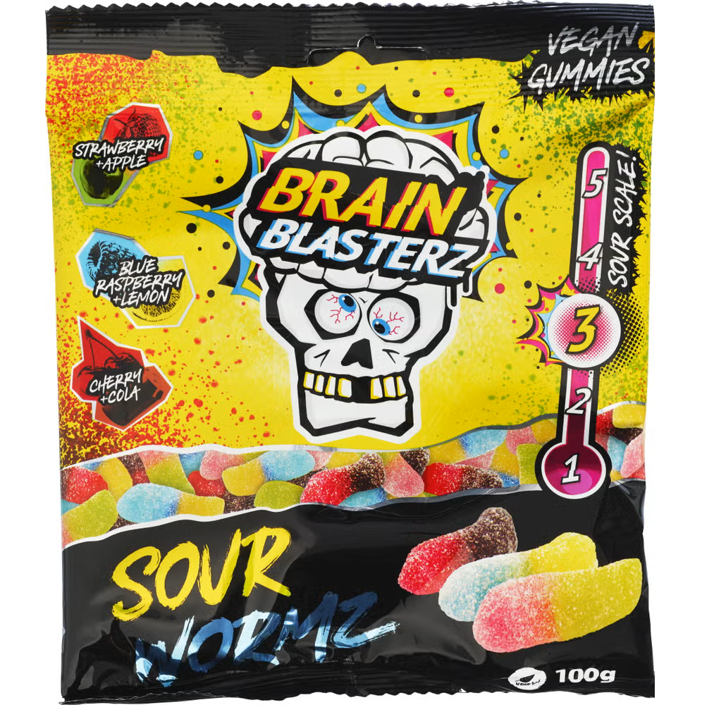 Brain Blasterz Sour Wormz 16x100g | Storpakk sur vingummi