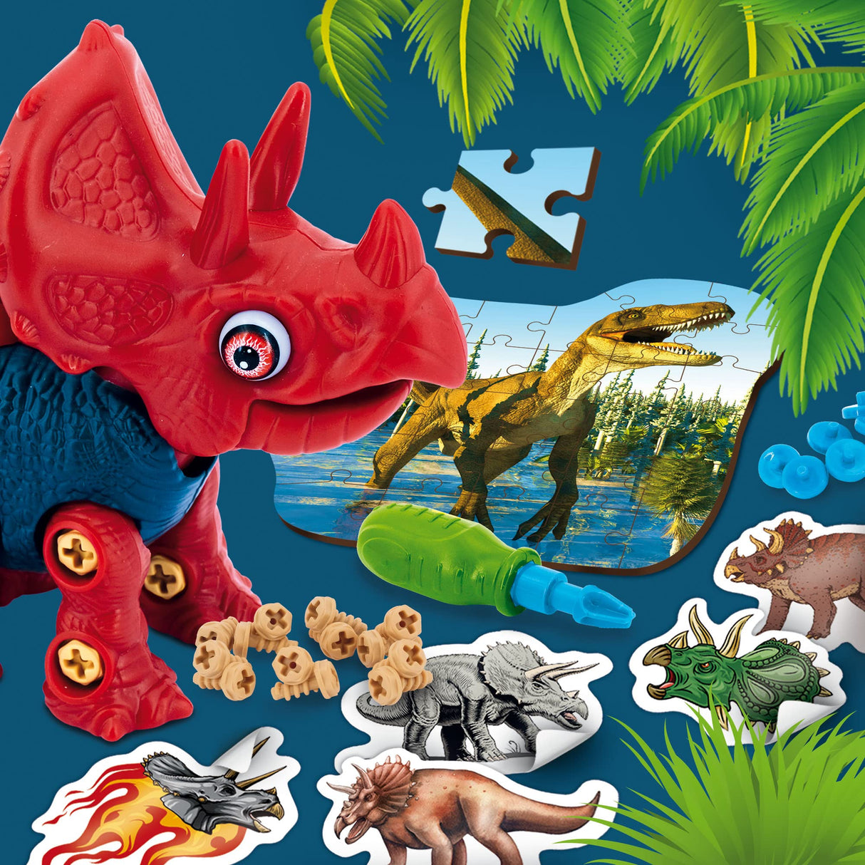 Dinosaur Sett 3in1 Dinofigur+Puslespill & Klistremerker | Triceratops