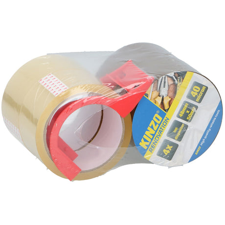 Kinzo Pakketape 4 stk inkl. dispenser | 48mm x 50m