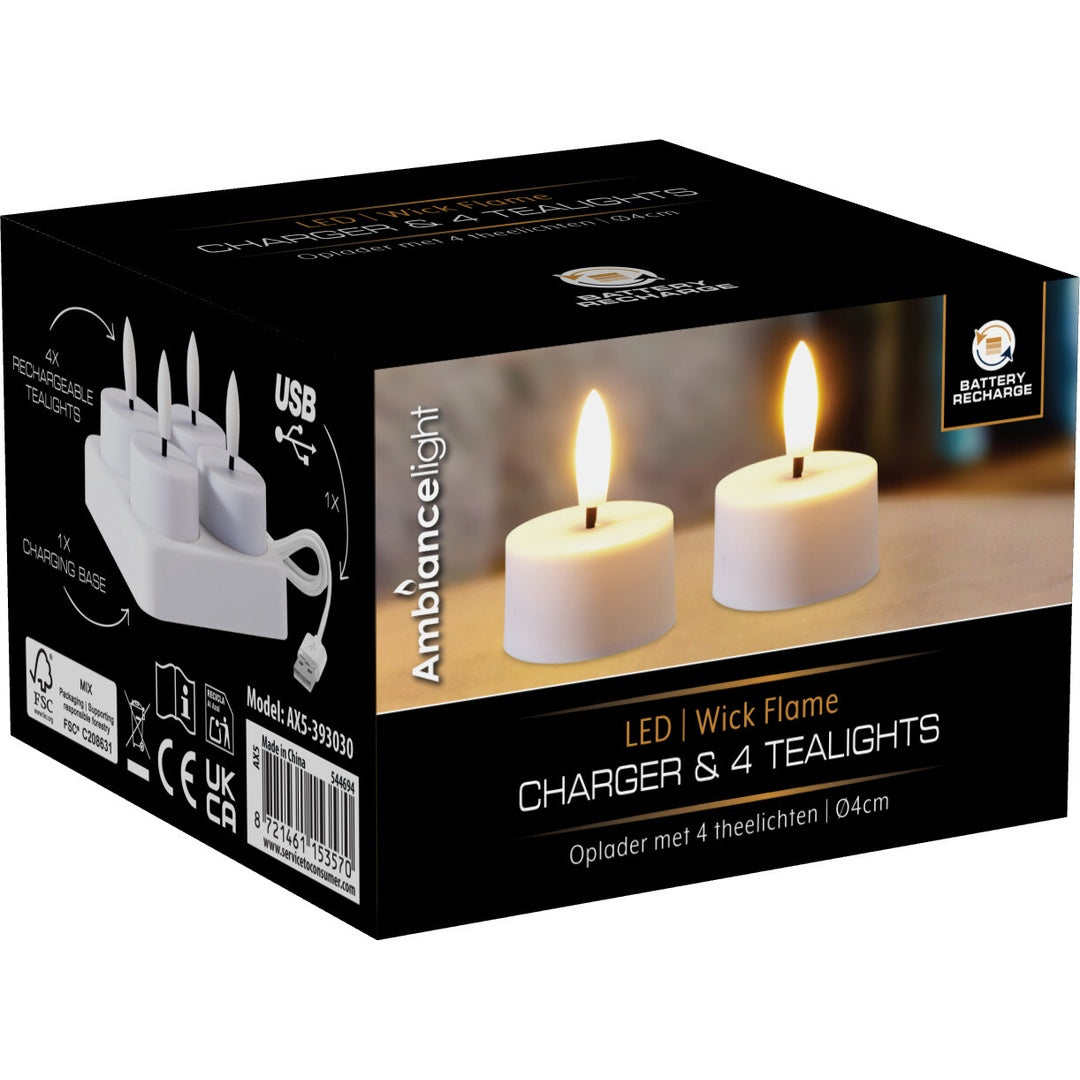Oppladbare LED-telys med ladestasjon | 4 stk