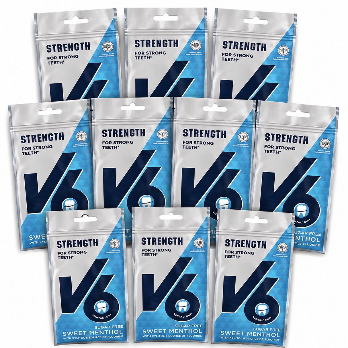 Datodeal- V6 Strong Teeth tyggegummi søt mentol 10x30g | Storpakk
