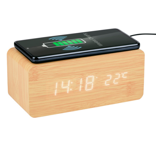 Grundig Vekkerklokke med Trådløs Lading | LED Klokke | Lys brun