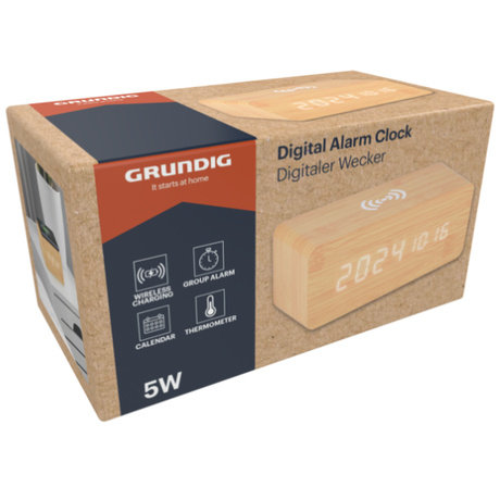 Grundig Vekkerklokke med Trådløs Lading | LED Klokke | Lys brun