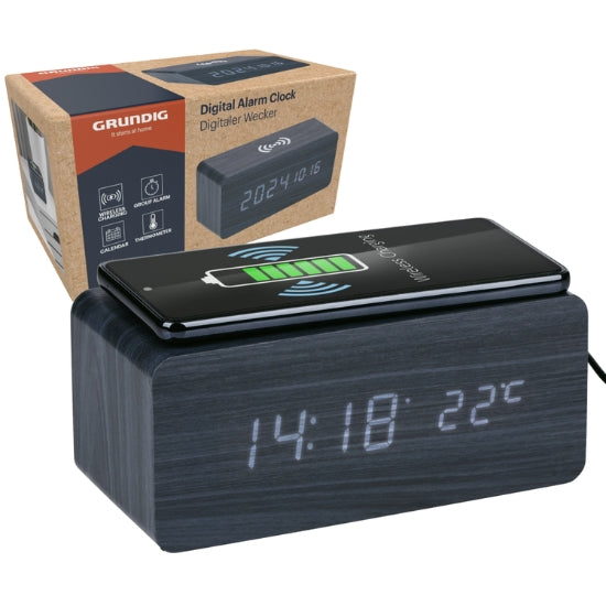 Grundig Vekkerklokke med Trådløs Lading | LED Klokke