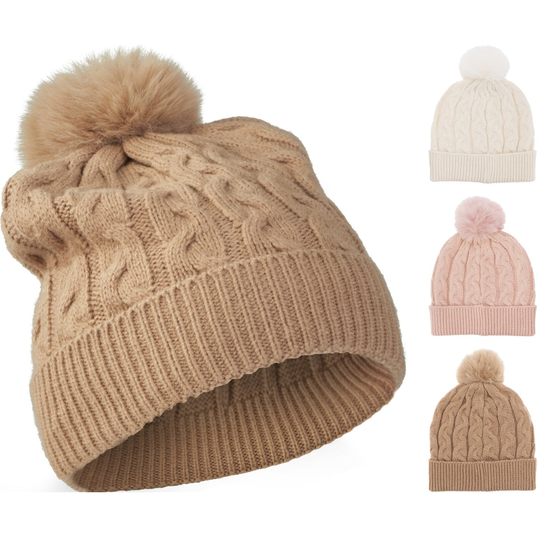 Lue strikket med POMPOM 22x21 cm | Flere farger