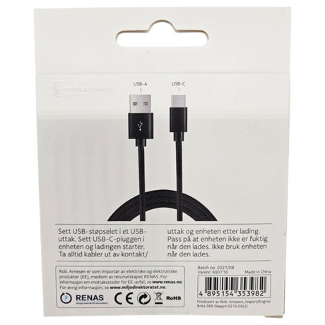 TSL Metallisk Ladekabel USB til USB-C 2 Meter Sort