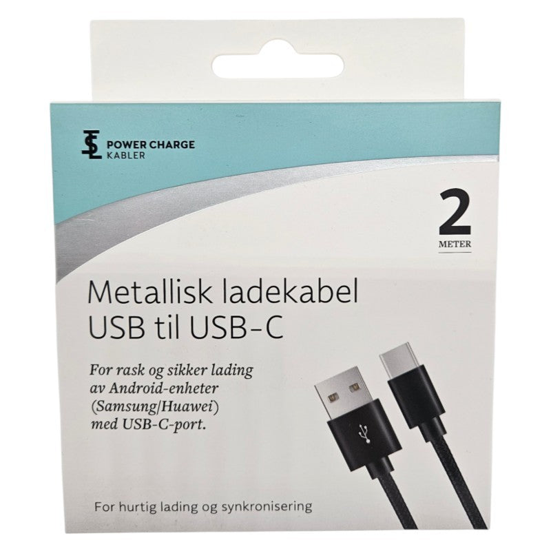 TSL Metallisk Ladekabel USB til USB-C 2 Meter Sort
