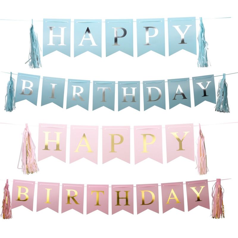 Happy Birthday Flaggbanner Rosa/Blå 3m