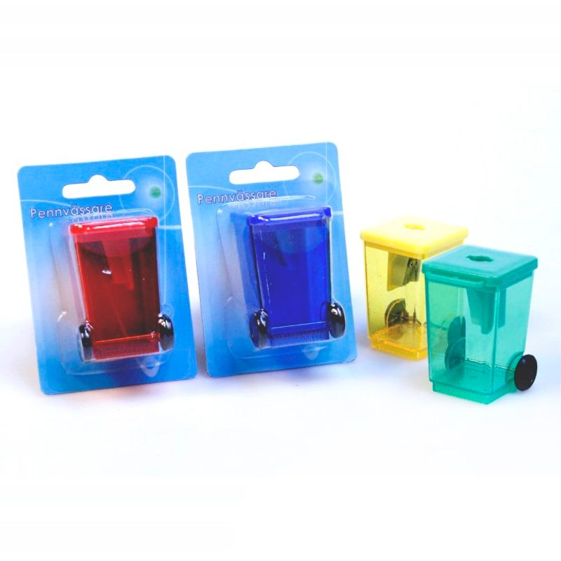 Trash container with pencil sharpener and collector