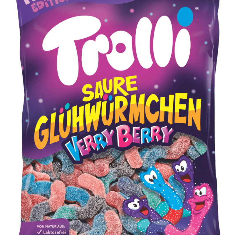 Trolli Sour Glowworms Very Berry 200g | Surt vingummi med bærsmak