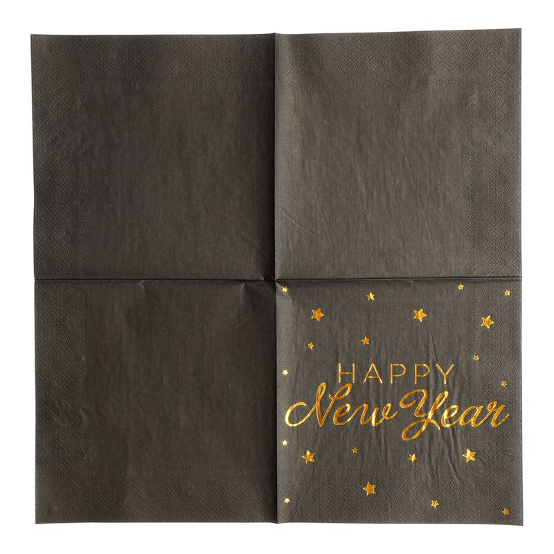 Black Napkins with Gold Text Happy New Year | 16pcs | 3-ply
