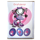 Bursdagskort gratulerer jente rosa og lilla 17x12cm