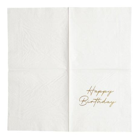 Hvite Servietter med Gulltekst Happy Birthday | 16stk | 3 - lags