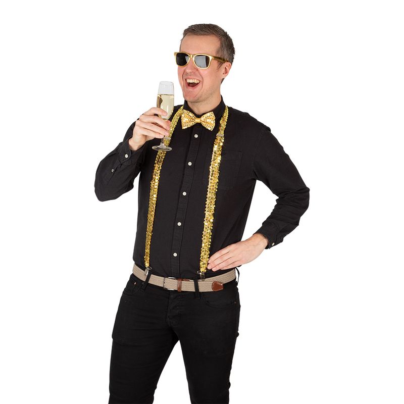 Kit Gold | Partysett med bukseseler, briller og flosshatt
