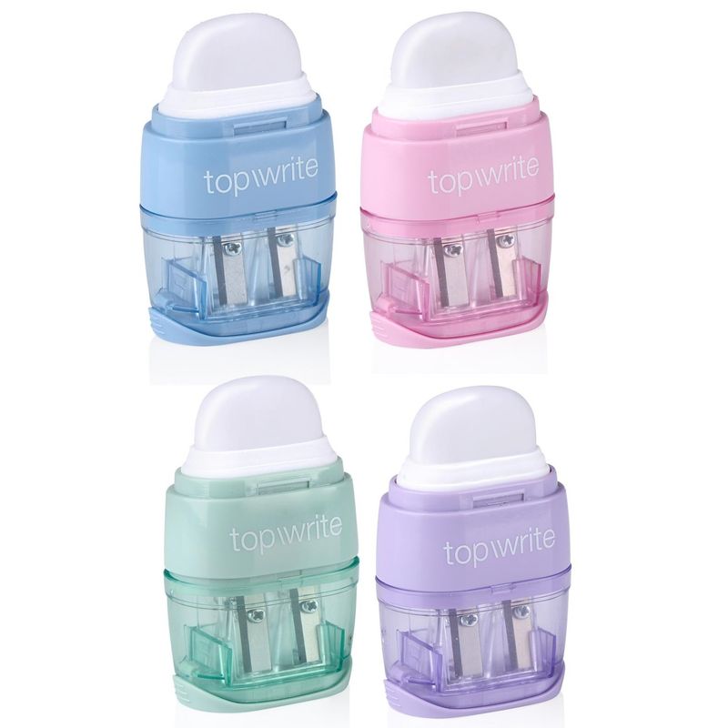 Double pencil sharpener with container and eraser