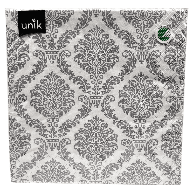 Napkins White with grey ornament 20pk 3-ply | 40x40cm | Unique