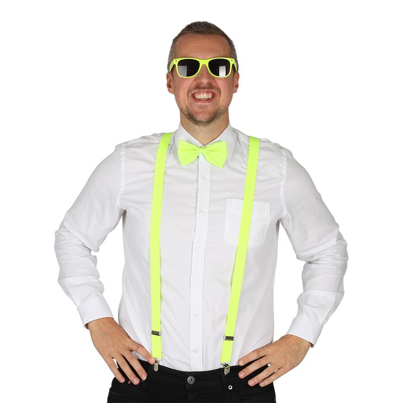 Neon Party costume accessories yellow | Sunglasses, suspenders and bow tie