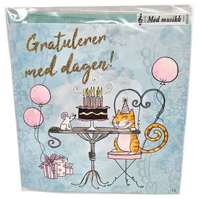 Bursdagskort med musikk | Katt og mus med glitter