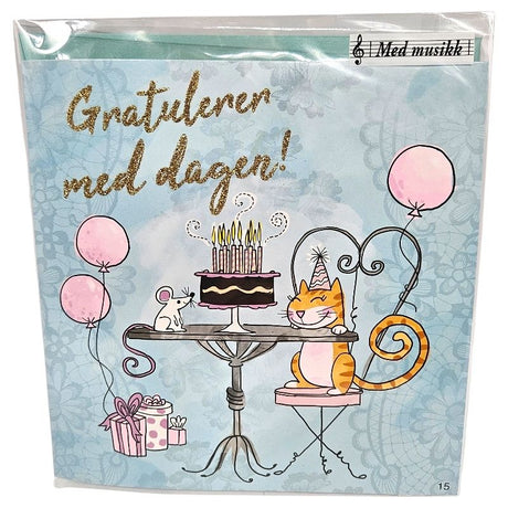 Bursdagskort med musikk | Katt og mus med glitter