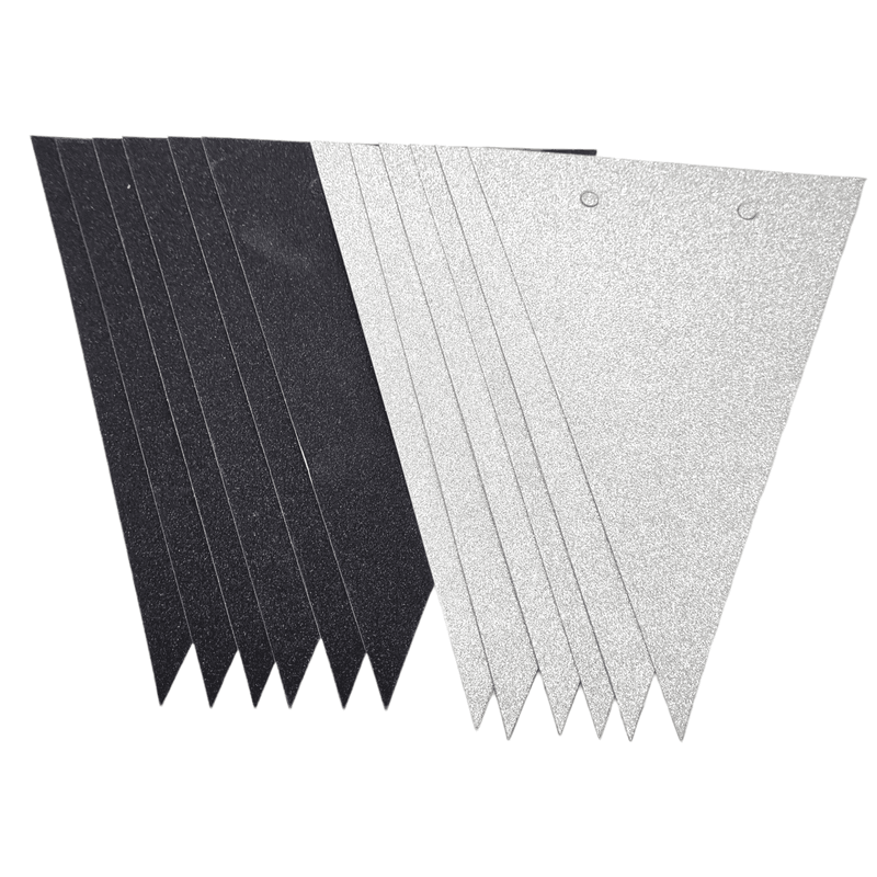 Party pennants 3m 12pcs | Black &amp; Silver Glitter