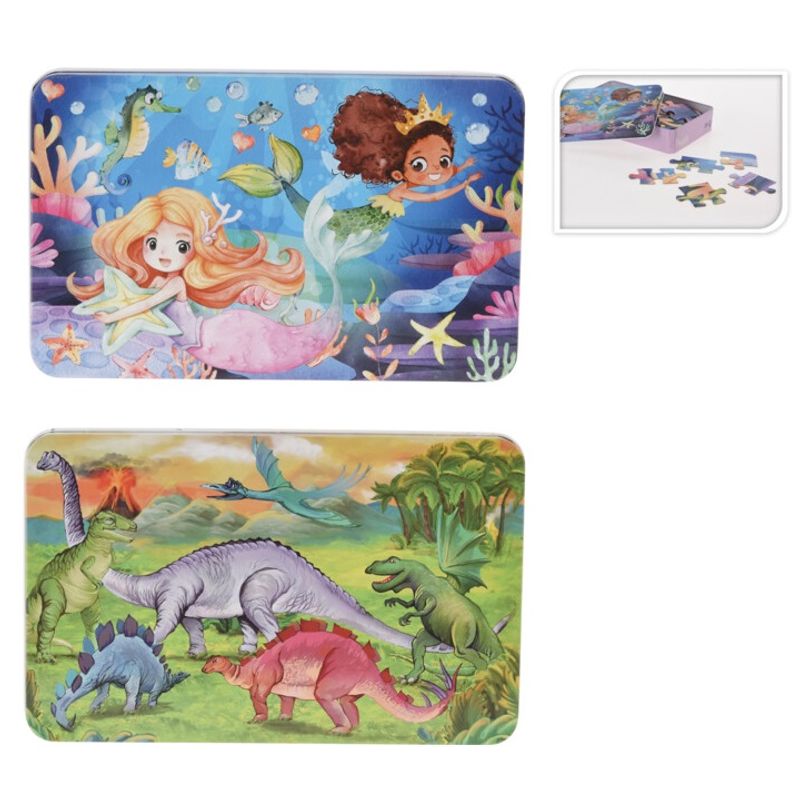 Puzzle 80 pieces in metal box | Mermaid/Dinosaur