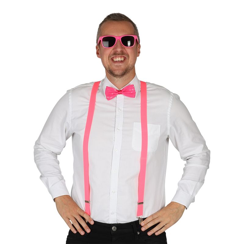 Neon Party costume accessories pink | Sunglasses, suspenders and bow tie
