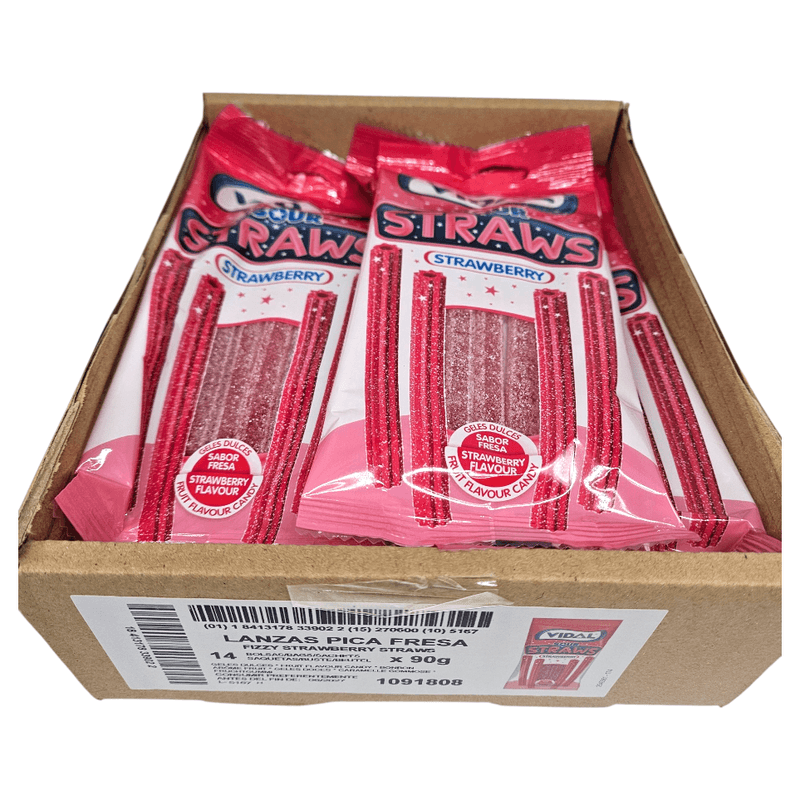 Vidal Sour Straws Strawberry 14x90g | Large pack of sour strawberry straws