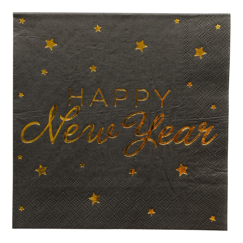 Black Napkins with Gold Text Happy New Year | 16pcs | 3-ply
