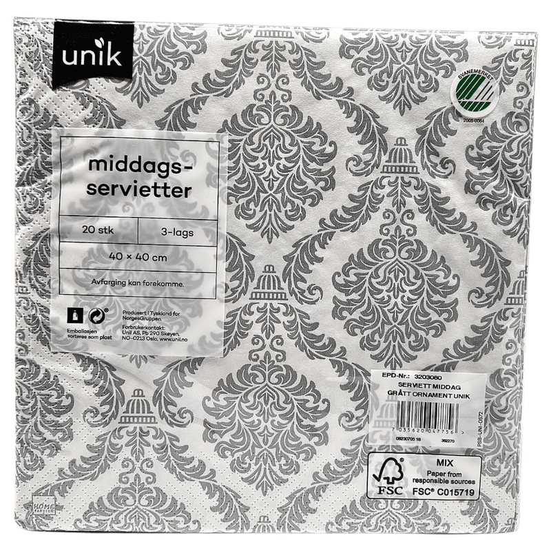 Napkins White with grey ornament 20pk 3-ply | 40x40cm | Unique
