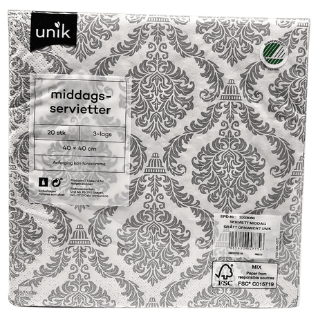 Servietter Hvit med grå ornament 20pk 3 - lags | 40x40cm | Unik