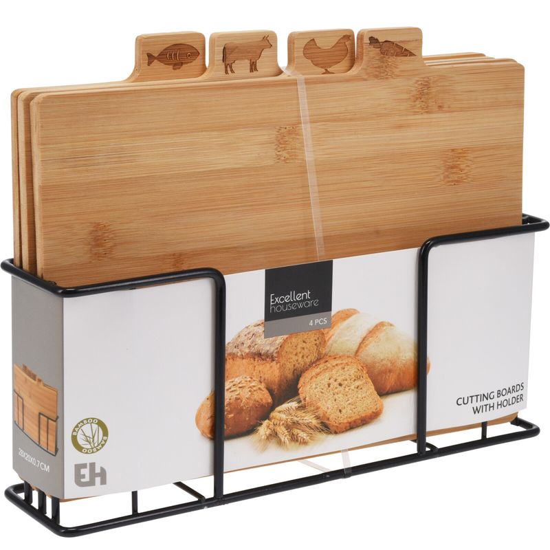 Bamboo cutting board set 4pcs | With metal stand | Excellent Houseware