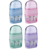 Double pencil sharpener with container and eraser