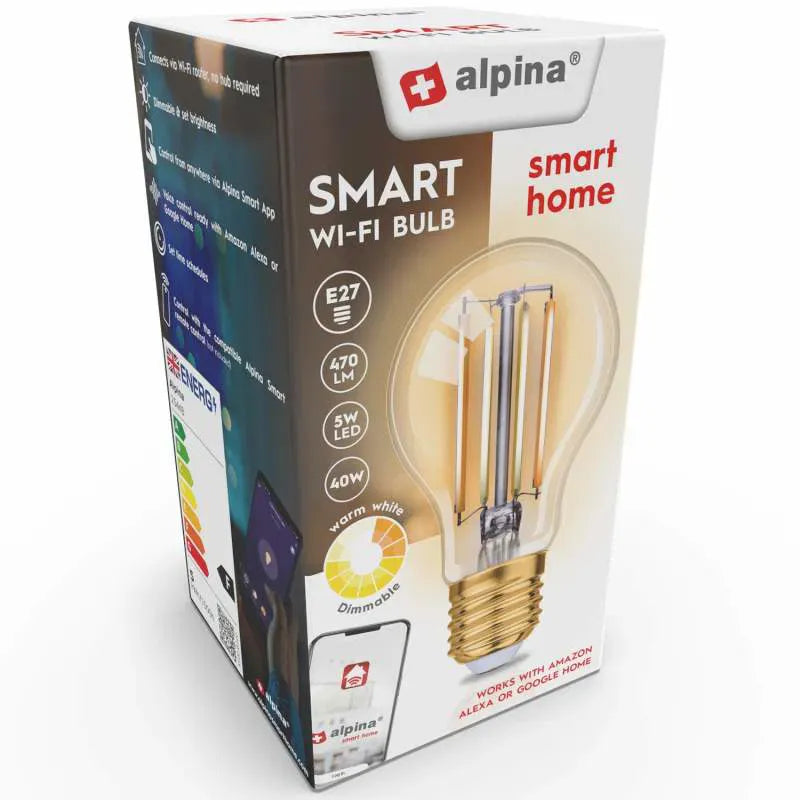 Alpina WiFi Smart E27 LED Filament Warm White 5.5W 470lm Light Bulb