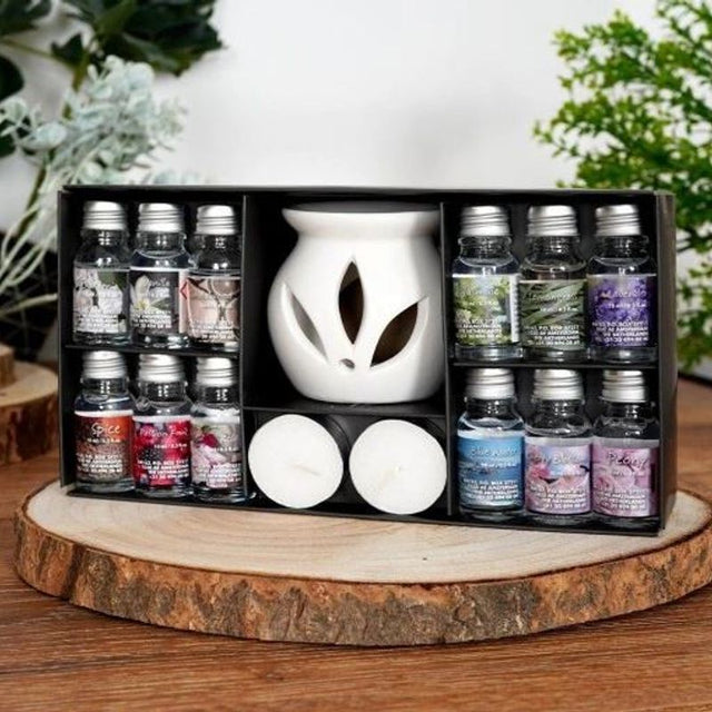 Aroma Gavesett 15deler | 12 eteriske oljer og keramisk duftlykt