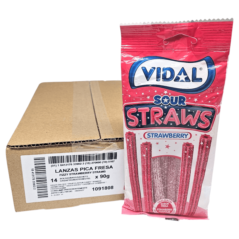 Vidal Sour Straws Strawberry 14x90g | Large pack of sour strawberry straws