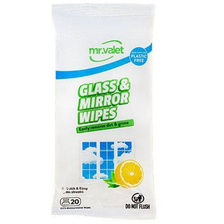 Mr Valet Glass and Mirror Wipes plastic-free 20pk